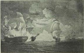 Fig. 13. Søslag under Englands Østkyst d. 23. September 1779 mellem den engelske<bFregat »Serapis« og den amerikanske Fregat »Bon Homme Richard«.