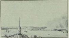 Fig. 42. Slaget ved Bunker Hill. Kirketaarnet er Vest-Kirken i<bBoston. Paa Halvøen ligeover for ses Bunker Hill til højre for<bKirketaarnet og Byen Charlestown i Brand.