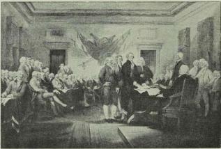 Fig. 49. Uafhængighedserklæringens Vedtagelse. Efter John Trumbulls Maleri i Kapitoliet i Washington.