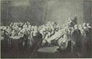 Fig. 50. Lord Chathams sidste Tale i Englands Parlament. Efter Maleri af Copley.
