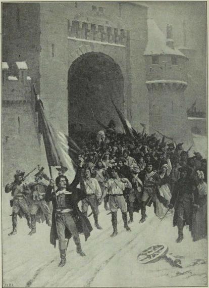 DEN FRANSKE REVOLUTION.<bDe Frivillige drager ud ad Strassburgs Port 1792. Efter Maleri af P. A. Baudouin.