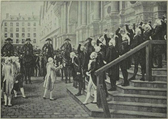 Ludvig den 16. modtages den 17. Juli 1789 af Parises folkevalgte Borgmester, idet Officerer af Borgergarden med dragne Kaarder danner en Buegang op ad Raadhustrappen.<bEfter Maleri af Jean Paul Laurens.