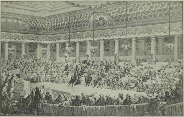 Fig. 112. Nationalforsamlingens Møde den 4. August 1789, hvor Menneskerettighederne vedtages.