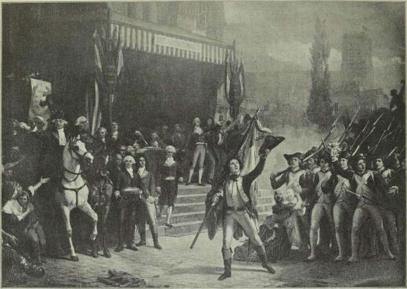 Fig. 132. Indrullering af Frivillige 1792. Efter Maleri af J. B. Auguste Vinchou.