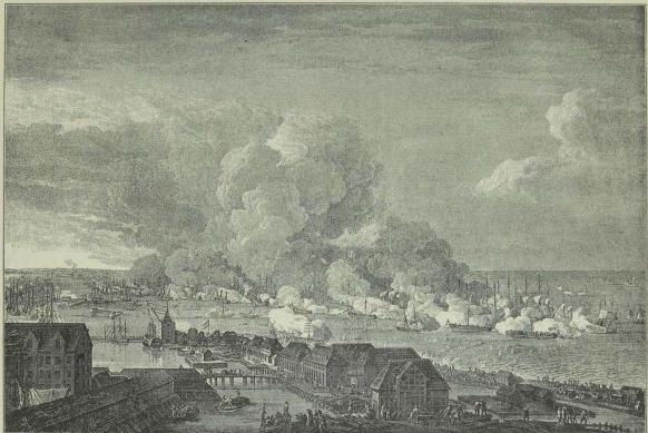 Fig. 177. Slaget paa Kjøbenhavns Rhed den 2. April 1801. Efter et samtidigt Kobberstik.