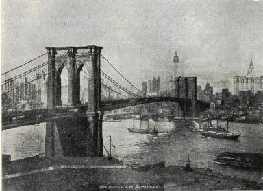 <smalBrooklynbron med utsikt över Manhattan.</smal