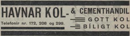 <biHAVNAR KOL-</bi & CEMENTHANDIL<bTelefonir nr. 172, 208 og 299.<b= GOTT KOL = BÍLIGT KOL