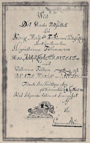 Armfeltska bröllopsgratulationen 1781.<bTillhör friherrinnan Lotten Armfelt, född Huitín.