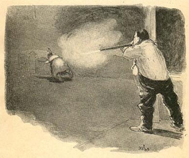 <smalIll. E Å-g[=Emil Åberg]</smal<bSlängde han bössan till kinden och släppte af ett skott i den riktningen.