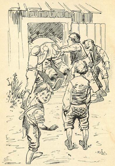 <smalIll. E Å-g[=Emil Åberg]</smal<bSkuffade in honom i — svinhuset samt lade på haspen.
