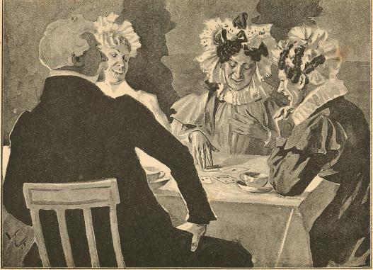 <smalIll. J. N.[=Jenny Nyström]</smal<bGeneralen och hans tre systrar rådfråSgade korten och kaffesumpen.