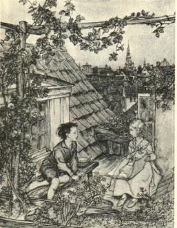 Illustration i färg av Arthur Rackham till <b ”Fairy Tales” av Hans Andersen.