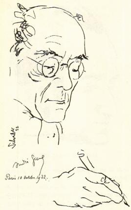 ANDRÉ GIDE<befter en av författaren signerad, nyligen utförd<bteckning av Georges Schreiber.