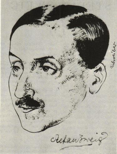 STEFAN ZWEIG<bden österrikiske författaren som just nu på den svenska bokmarknaden är representerad av två nya verk,<bbiografien “Marié Antoinette“ och novellsamlingen “Amok“, båda recenserade i detta nummer.<bZweig skulle i dagarna ha besökt Sverige men har, enligt vad det meddelas oss strax innan detta<bnummer går i press, attackerats av influensa och måst inställa resan.<bEfter en teckning av G. Schreiber.