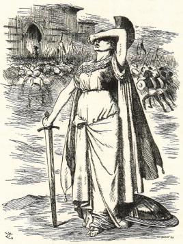 "FÖR SENT!"<bTelegram torsdag morgon 5 februari: "Kartum<btaget av Mahdin. General Gordons öde ovisst."<bUr "Punch" 14 februari 1885.