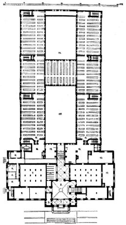 Fig. 1. Universitetsbiblioteket i Kristiania. Plan av 1ste etage<bmed projektera utviding av bokmagasini. Teikna av H. Sinding-Larsen.<b— 1. Vindfang. 2. Vestibule. 3. Portier. 4. Cyklar. 5—6. Musikk-avdeildi.<b7. Musikk-magasin. 8. Den norske Folkeminnesamlingi. 9. Avismagasin.<b10. Bokbindar-verkstad. 11. Prenteverks-rom (fig. 2). 12. Pakk-rom.<b13. Bokmagasin. 14. Tropp for personalet. 15. Vaktmeister. 16. Framtidig garderobe.<b17. Framtidig lesesal. 18. Gardsrom.