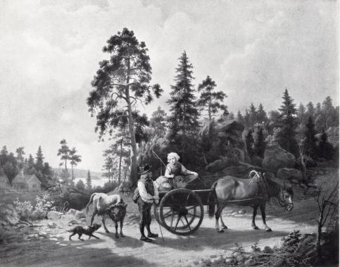 <smalIll. N. Anderson 1856<bPÅ VÄG TILL VÄRNAMO MARKNAD, SMÅLAND. BILD. 74.        N. ANDERSON</smal