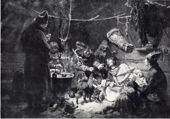 <smalDET INRE AV EN LAPPKÅTA. LAPPLAND. BILD 99.                                        J. F. HÖCKERT</smal