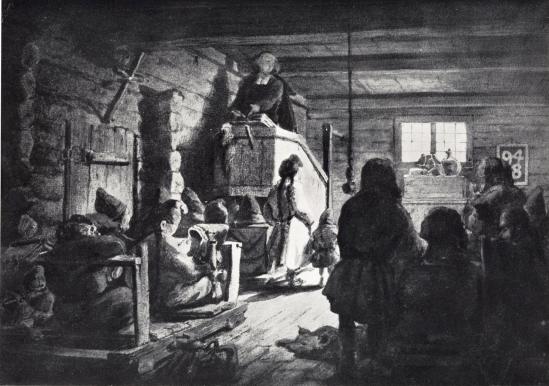 <smalGUDSTJANST I ETT KAPELL I LAPPLAND. BILD 100.                                        J. F. HÖCKERT</smal