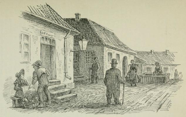 <biKrydset af Grændsen og Akersgaden omtrent 1840.</bi (Tegning af Fyrdirektør Diriks).