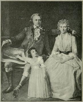 Peder Anker paa Bogstad med Hustru og Datter, den senere<bGrevinde Karen Wedel-Jarlsberg. (Efter et Maleri af Jens Juel.)