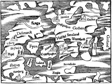 Fig. 2. Kort over Danmark.<b<smal(EFter Sebast. Münster: Cosmographia. Basel 1554)</smal