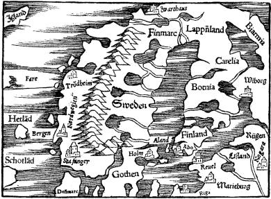 Fig. 3. Kort over Sverige og Norge.<b<smal(Efter Sebast. Münster: Cosmographia. Basel 1544.)</smal