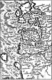 Fig 8. Marcus Jordens Kort over Sønderjyllands Vestkyst.<b<smal(Efter Bräunius: Theatrum urbium IV. 1588)</smal Fig 8. Marcus Jordens Kort over Sønderjyllands Vestkyst.<b<smal(Efter Bräunius: Theatrum urbium IV. 1588)</smal