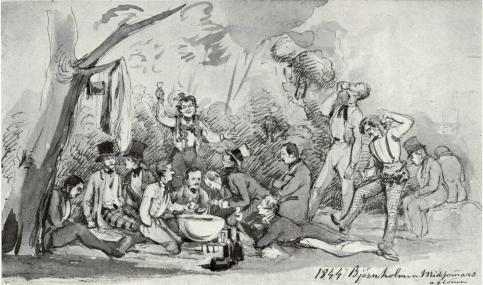 MIDSOMMARFEST I DET GRÖNA 1844.<b<smalFr. v. S. Lewenhaupt, A. Mannerheim, S. Lagerberg, grefve Moretti, F. af Wannqvist, G. Lallerstedt,<bJ. Edelcreutz, G. Fleetwood, L. Wrede, A. v. Schwerin, F. Manderström, F. v. Dardel, W. v. Schwerin.</smal