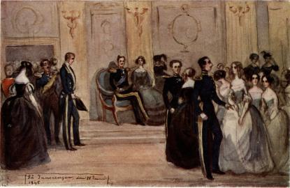 INNOCENSEORDENS BAL 1845.<b<smalFr. v. grefvarne M. Lewenhaupt och A. Wachtmeister, konung Oscar I, drottning Josefina, prins Gustaf, kronprins Carl,<bfröknarna A. Silfverschiöld samt S. och V. Fleming.</smal