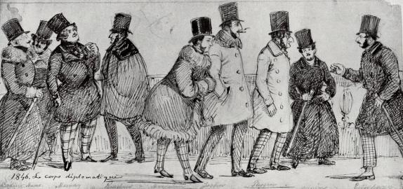 DIPLOMATISKA KÅREN I STOCKHOLM 1846.<b<smalFr. v. A. Bodisco, J. Moreno, grefve de Mornay, baronerna v. Krüdener och Mannerheim, C. de Jaegher, grefve Plessen, baron v. Arnim, grefve Esterhazy.</smal