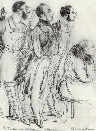 PÅ FÖRELÄSNING 1840-talet.<b<smalFr. v. grefve Esterhazy, baron v. Krüdener, grefve Plessen, J. J. Berzelius.</smal