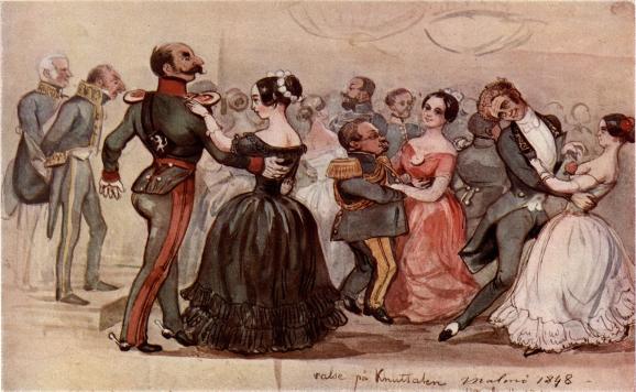 BAL PÅ KNUTSSALEN I MALMÖ 1848.<b<smalF. v. excellensen Due, grefve F. Posse, J. Heyerdahl, fröken Hjelmstierna, grefve L. Posse, J. A. Hazelius, S. Lagerberg, fru Wiberg, <bdoktor Backer, fröken Stråle.</smal