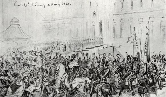 CARL XV:s KRÖNING 1860.<b<smalBakom konungen generalerna H. Fleischer och G. Bildt.</smal