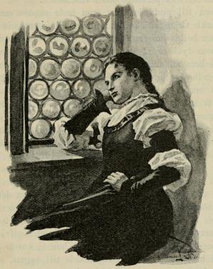 <smalIll. J. N.[=Jenny Nyström]</smal<bJungfru Agnes satt vid fönstret med handen under kind. (Sid. 312.)
