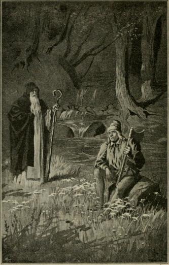 <smalIll. J. N.[=Jenny Nyström]</smal<bHan kunde snart se sångaren, hvilken satt på en sten vid stranden<bi det klaraste månskenet. (Sid. 192.)