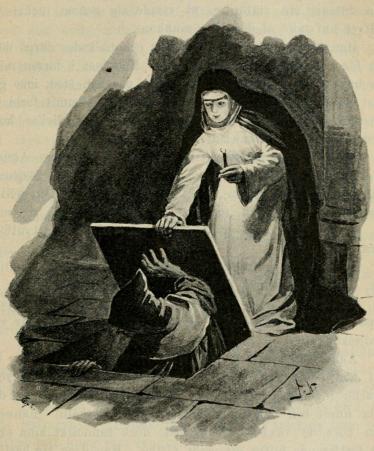 <smalIll. J. N.[=Jenny Nyström]</smal<bTill sist nedsteg äfven munken, hvarpå nunnan tillslöt öppningen. (Sid. 314.)