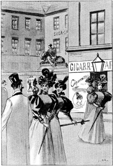 Den förgylda lastens dagliga trupprevy. (Sid. 135.)<b(Vy från Hamngatan i Stockholm.)