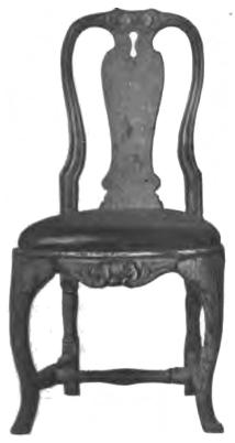 Fig. 8. Stol, björk, oljemålad hvit, läderklädsel,<b1700-talets midt;<bH. 1 m.