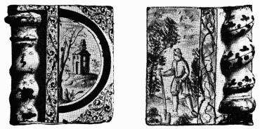 Fig. 2 och 3.  Kakel af blå och hvit fajans.<bFrån Rinkeby, Spånga sn, Uppland.  Nordiska Museet.