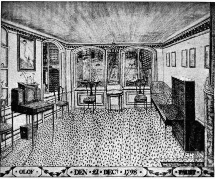 Fig. 1. Borgerlig rumsinteriör från 1798. Akvarell af Olof Faust.<bTillhör direktör E. Rosenlind.