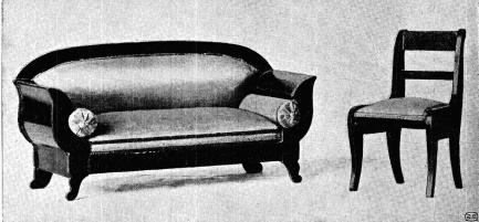 Fig. 5 och 6. Soffa och stol. Leksaker från 1840-talet.<bFig. 5 h. 90 mm., fig. 6 h. 98 mm. Gåfva af fröken Ulla Hector.