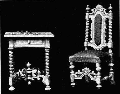 Fig. 18 och 19. Bord och stol. Leksaker från 1860-talet.<bFig. 18 h. 9 cm och fig. 19 h. 13 cm. N. M. 110 336—37.