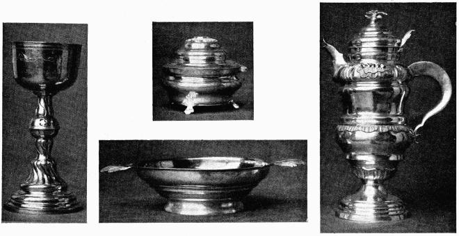 Fig. 3. Kalk med patén, kanna, oblatask och dopskål af silfver; tillverkade af guldsmeden Tellberg i Södertälje år 1774.<bTillhör Tveta församling. Kalk höjd 0,252 m. Kanna höjd 0,326 m.