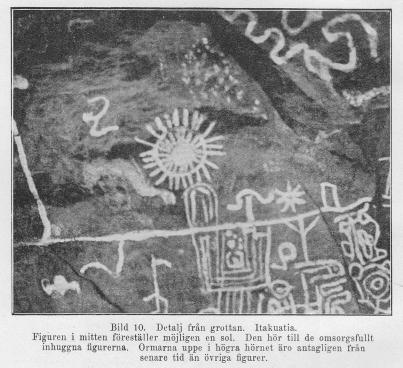 Bild 10. Detalj från grottan. Itakuatia.<bFiguren i mitten föreställer möjligen en sol. Den hör till de omsorgsfullt inhuggna figurerna.<bOrmarna uppe i högra hörnet äro antagligen från senare tid än övriga figurer. Bild 10. Detalj från grottan. Itakuatia.<bFiguren i mitten föreställer möjligen en sol. Den hör till de omsorgsfullt inhuggna figurerna.<bOrmarna uppe i högra hörnet äro antagligen från senare tid än övriga figurer.