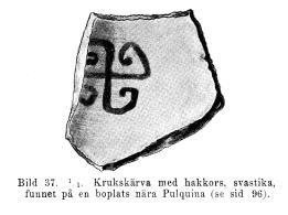 Bild 37. <su<smal1</smal</su/<su<smal1</smal</su. Krukskärva med "hakkors, svastika,<bfunnet på en boplats nära Pulquina (se sid 96).