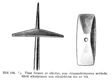 Bild 104. <su<smal1</smal</su/<su<smal2</smal</su.  Visar formen av sländan, som chimanekvinnorna använda.<bSåväl sländpinnen som sländskivan äro av trä.