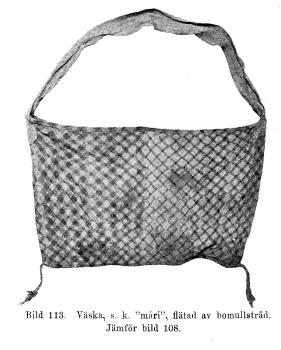 Bild 113.  Väska, s. k. ”mári”, flätad av bomullstråd.<bJämför bild 108.