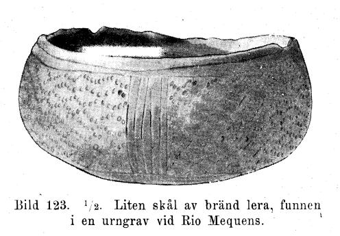 Bild 123. 1/2. Liten skål av bränd lera, funnen<bi en urngrav vid Rio Mequens.