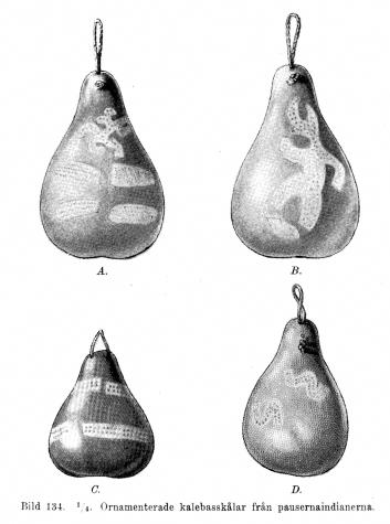 Bild 134. 1/4. Ornamenterade kalebasskålar från pausernaindianerna.
